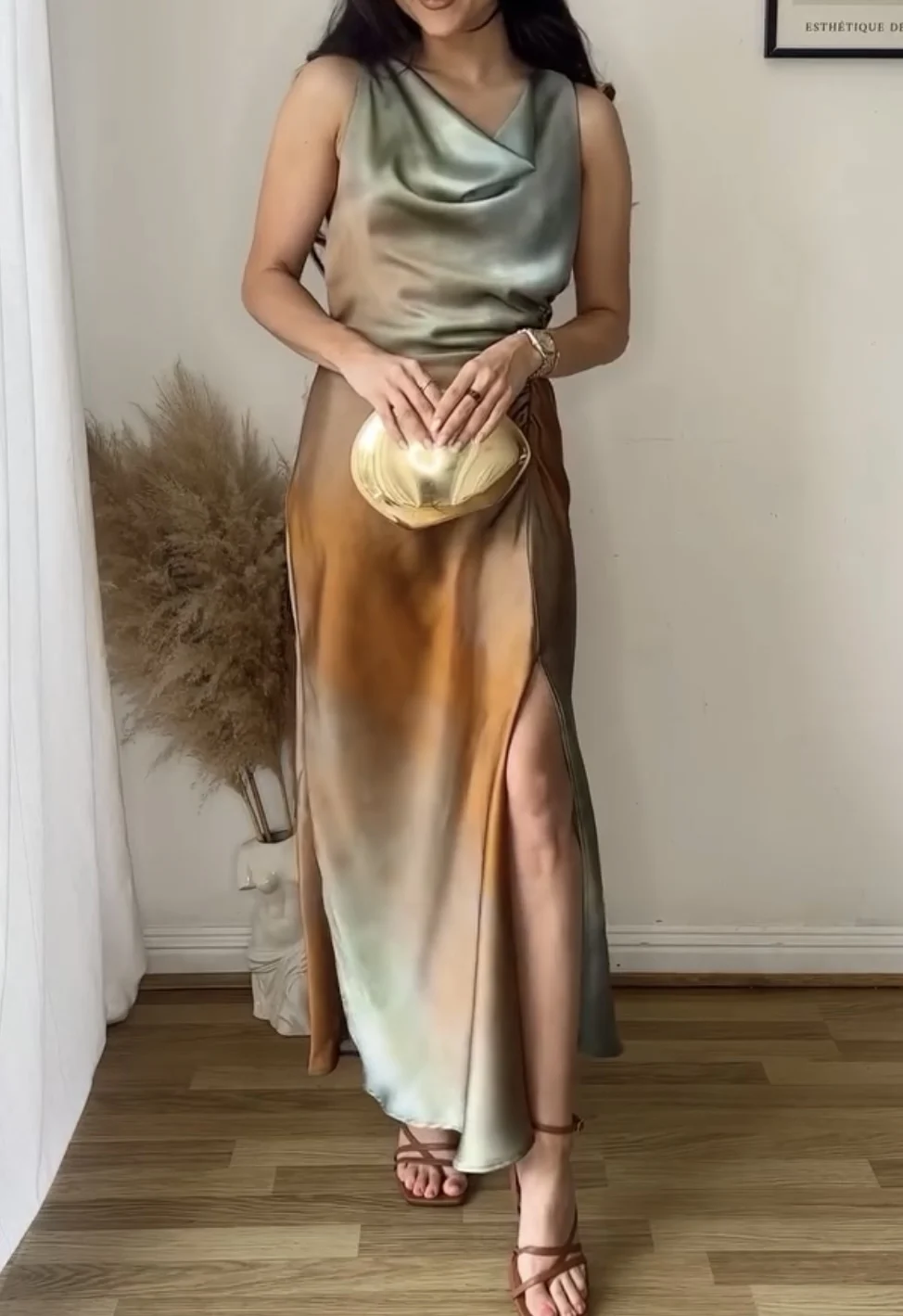 Satin Swing Collar Tie-dye Print Maxi Dress