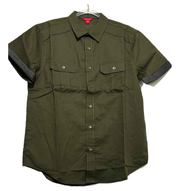 Guess Men's Cargo Button Up Utility Shirt Green Spread Collar Twill Cargo Camp, Small