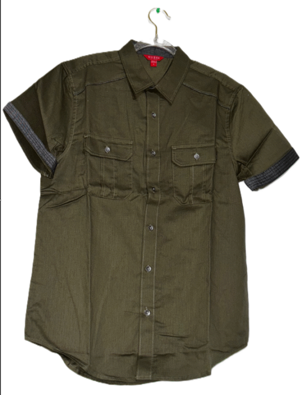 Guess Men's Cargo Button Up Utility Shirt Green Spread Collar Twill Cargo Camp, Small - Image 4