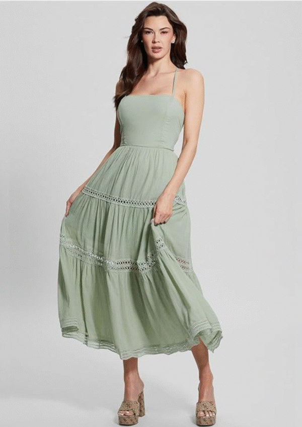 Guess Women's Safa Maxi Dress Pastel Green Flowy Flared Accent Laces Back Tie, Small - Image 4