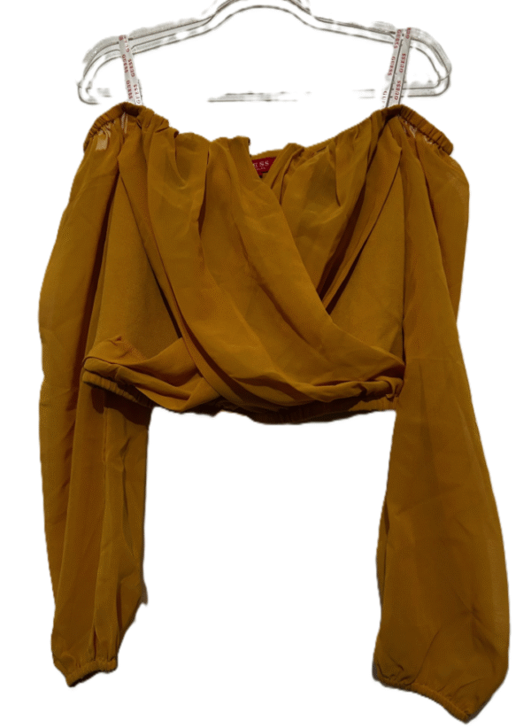 Guess Women's Jenner Off-shoulder Blouse Top Mustard Yellow Rushed Chiffon, Small