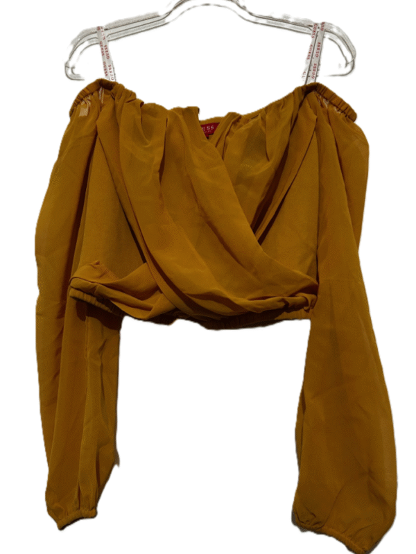 Guess Women's Jenner Off-shoulder Blouse Top Mustard Yellow Rushed Chiffon, Small - Image 2