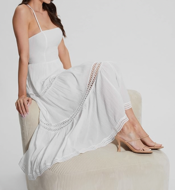 Guess Women's Safa Slip Maxi Dress Crisp White Tied Lace Flowy Flared Goa Gauze, Medium