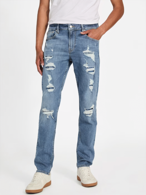 Guess Men's Slim Tapered Eco Finnley Denim Jeans Blue Mid Rise Distressed, Size-36 - Image 3
