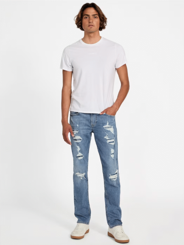 Guess Men's Slim Tapered Eco Finnley Denim Jeans Blue Mid Rise Distressed, Size-36 - Image 4