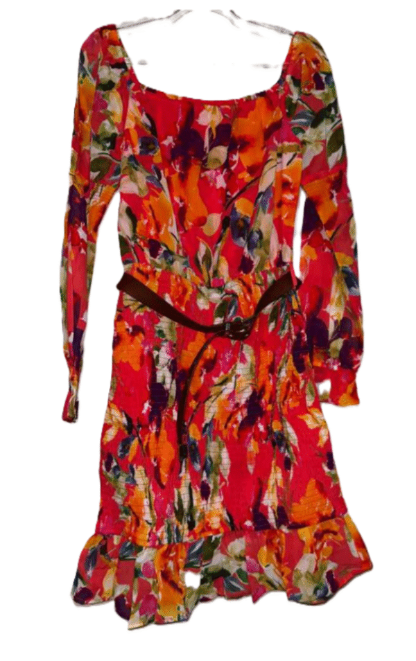 Guess Fit and Flare Mini Dress Red Floral Botanical Hawaiian Belted Waist, Large - Image 2