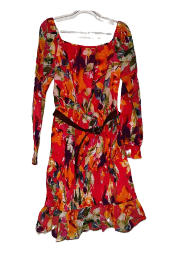 Guess Fit and Flare Mini Dress Red Belted Waist Floral Botanical Hawaiian, Small
