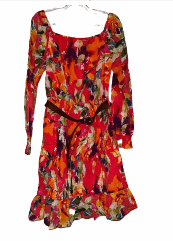 Guess Fit and Flare Mini Dress Red Belted Waist Floral Botanical Hawaiian, Small - Image 3