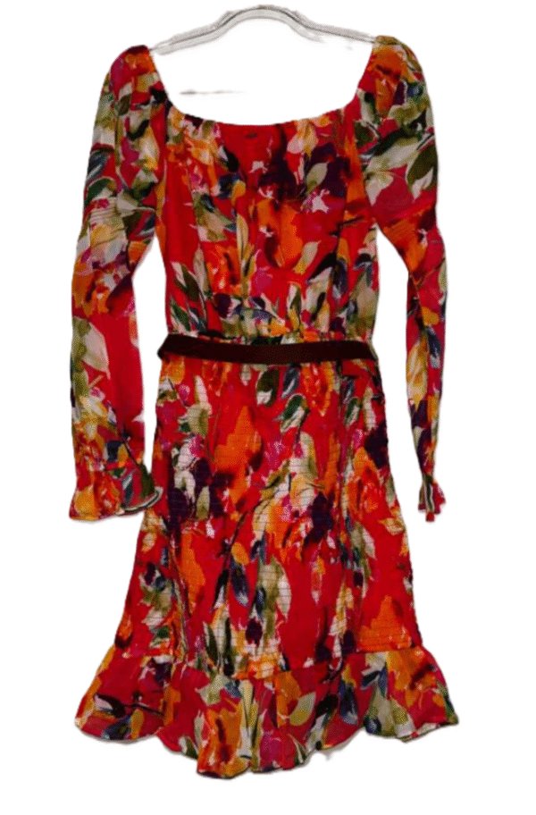 Guess Fit and Flare Mini Dress Red Belted Waist Floral Botanical Hawaiian, Small - Image 4