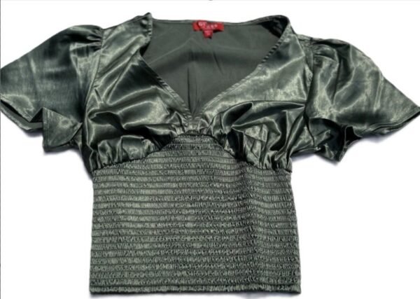 Guess Women's Satin Cropped Blouse Top Green Silky Smocked Rushed V-neck, XL - Image 2